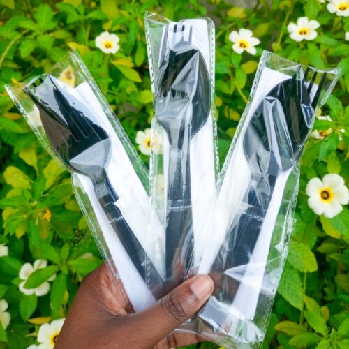 WRAPPED BLACK SPOON & FORK KITS HEAVY DUTY (25pcs/pack)