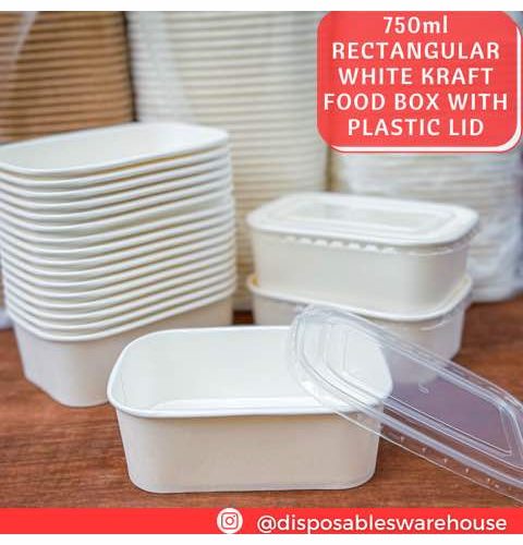 750ml WHITE RECTANGULAR KRAFT BOWL With Clear Cover (10pcs/pack)