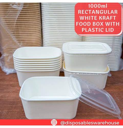1000ML WHITE RECTANGULAR KRAFT BOWL With Clear Cover (10pcs/pack)