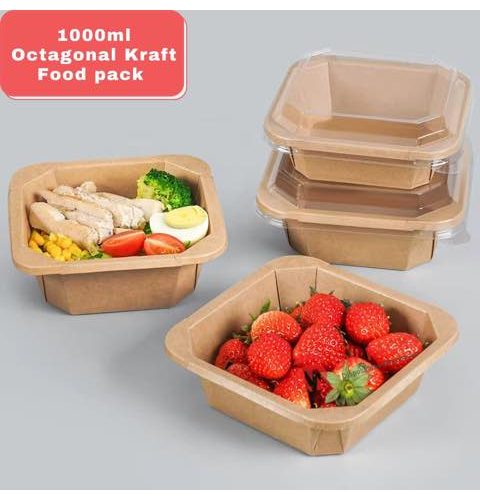 1000ML Octagonal Kraft Paper Takeout Box With Clear Cover (10pcs/pack)