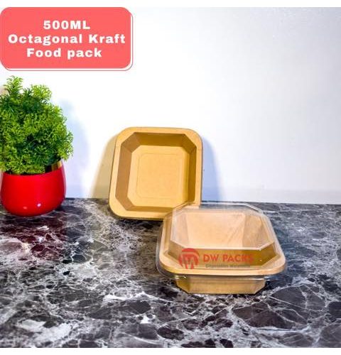 500ML Octagonal Kraft Paper Takeout Box With Clear Cover (10pcs/pack)