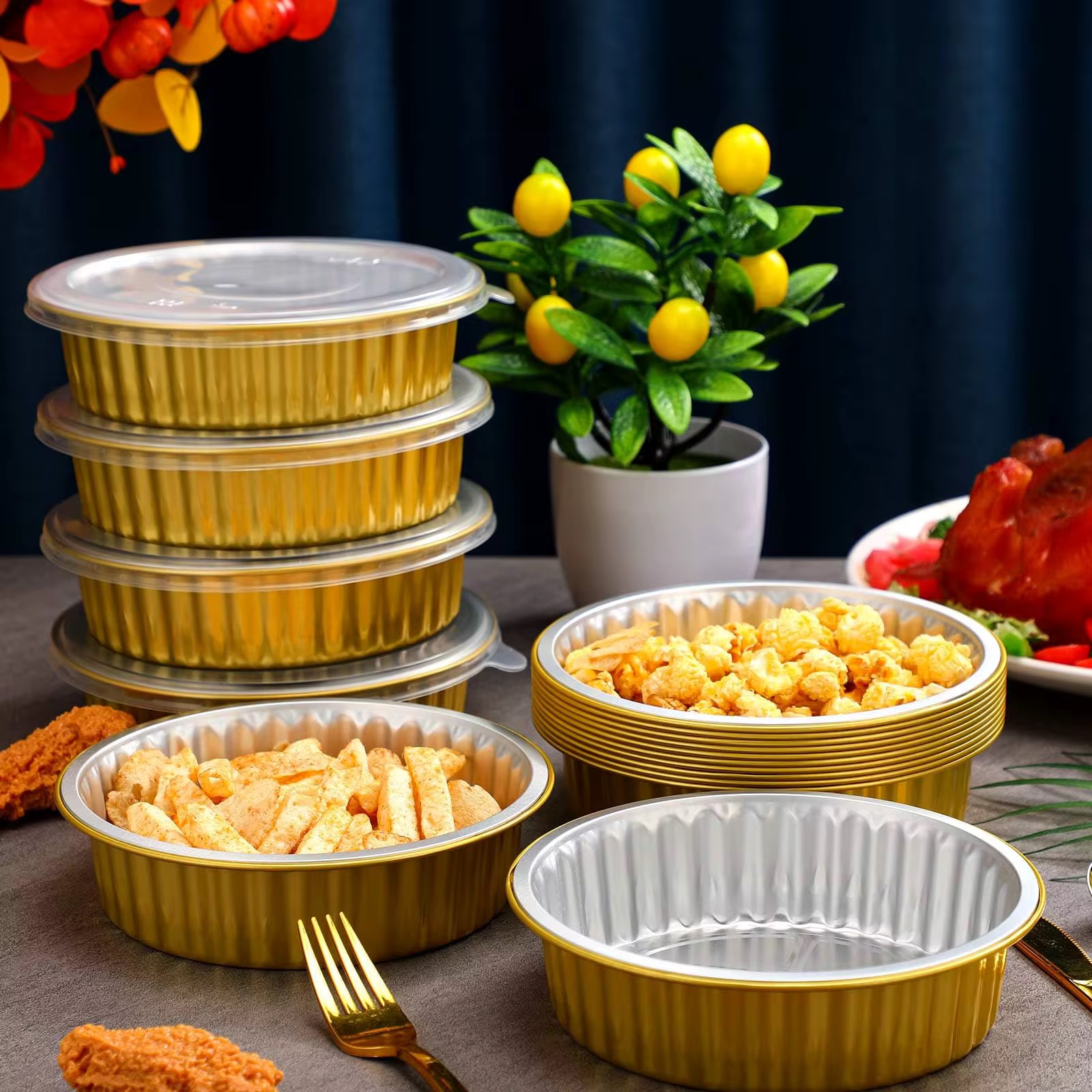 825ml Round Gold Ramekins Bowl with Clear Lid - 10 pieces